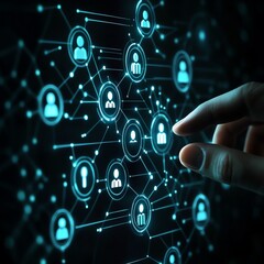 An illustration of a manager hand picking employee icons in a digital recruitment platform, representing human resources concept, futuristic technology, sharp details, 4K UHD