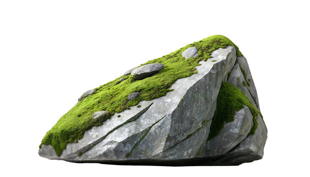 one isolated large grey sharp rock with moss
