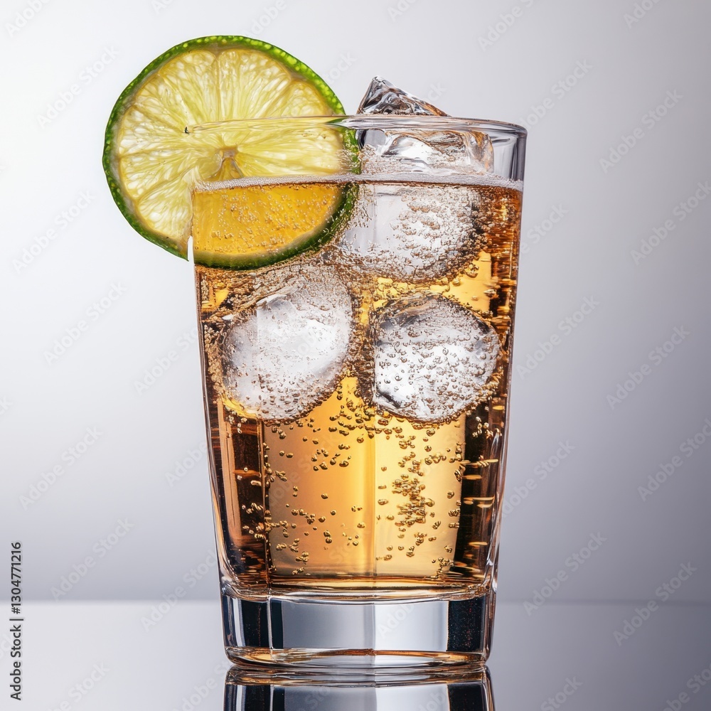 Poster refreshing drink with lime slice and ice cubes in a glass on a reflective surface capturing a cool a