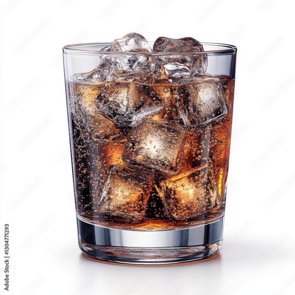 Poster refreshing cola drink with ice cubes in a glass on a white background studio shot close up view beve