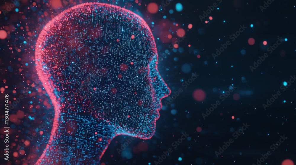 Poster abstract digital silhouette representing artificial intelligence with glowing particles, ideal for t