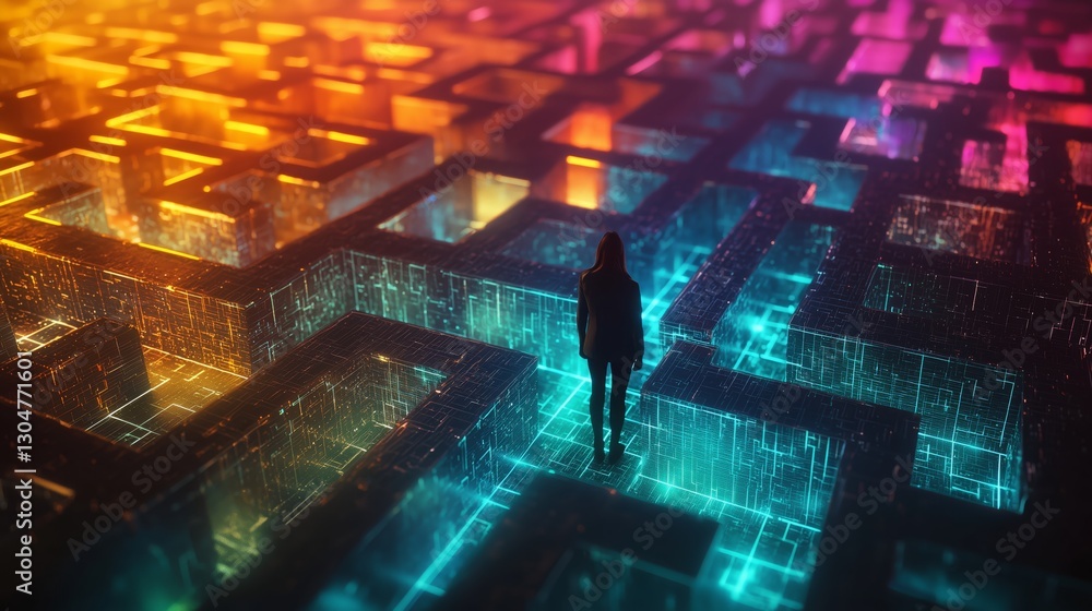 Poster Surreal Maze Journey in Neon Colors and Digital Patterns
