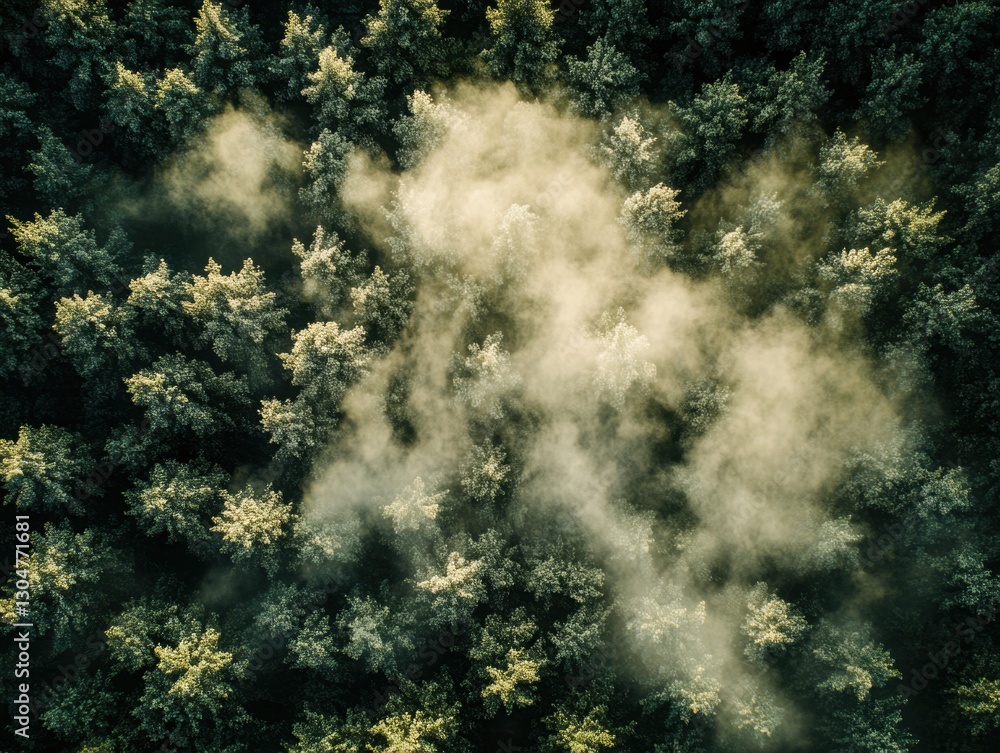 Poster aerial view of a dense forest with morning mist creating a serene and ethereal atmosphere above the 