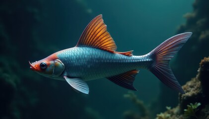 Fototapeta premium Fan-shaped caudal fin, intricate texture, swordtail, underwater, scales