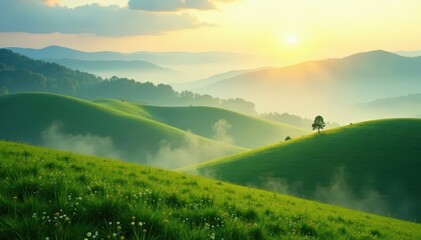 Rolling hills veiled in morning mist, soft sunlight filtering through , field, morning