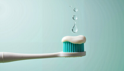 Toothbrush with toothpaste and water droplet, soft background, dental hygiene concept, freshness