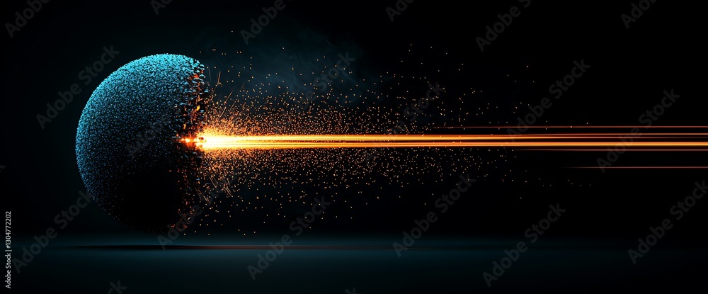 Poster blue sphere exploding with energy beam in a dark setting, digital abstract art with glowing effect