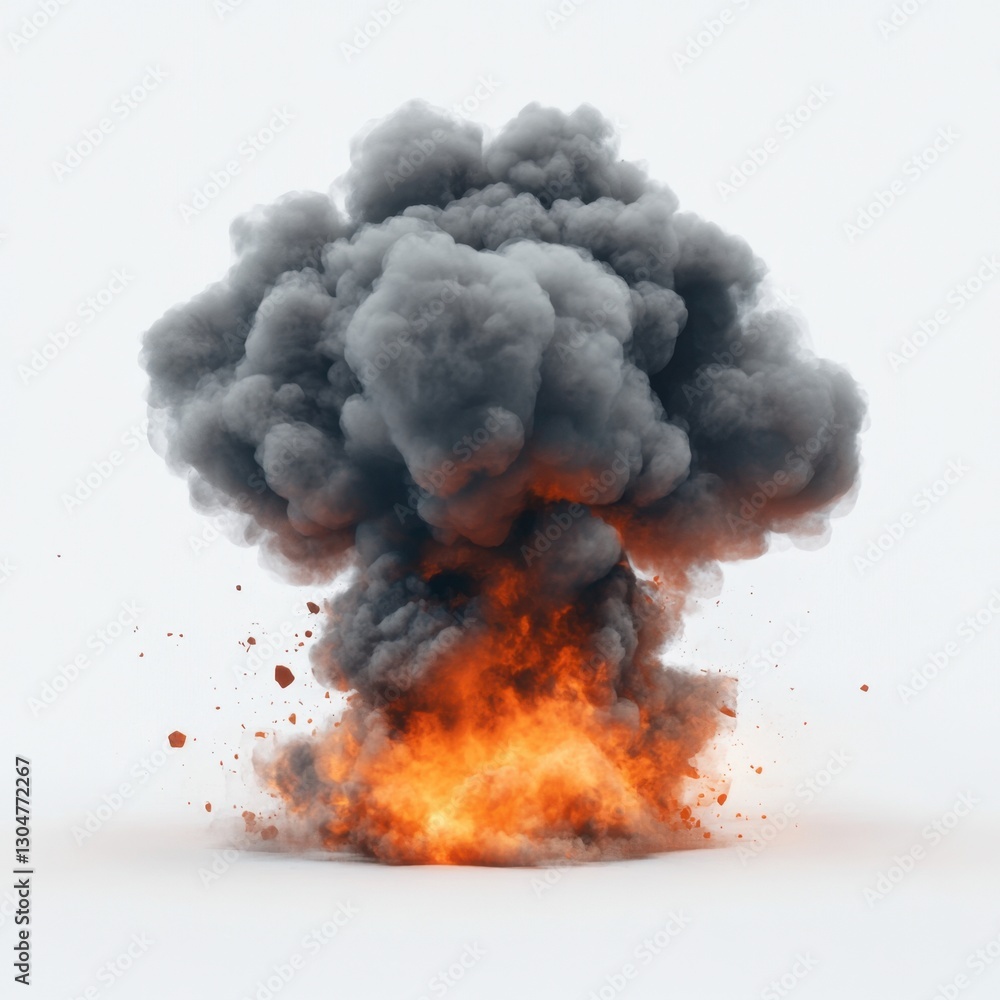 Poster dramatic explosion with billowing smoke and intense fire on a clean background creating a powerful v
