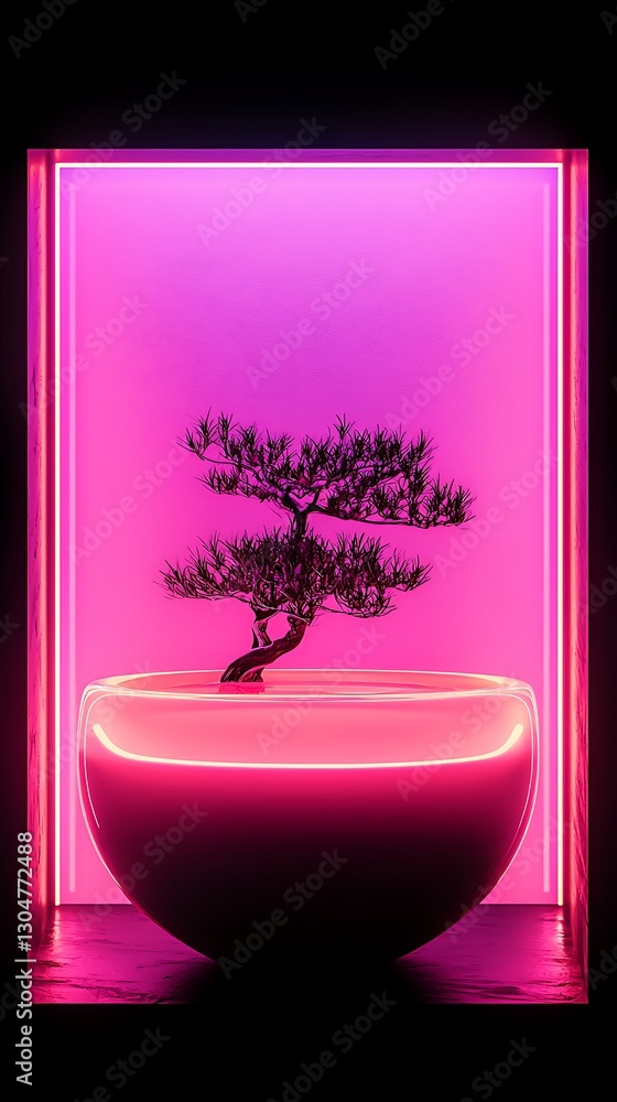 Poster bonsai tree illuminated in a glowing pink box, creating a minimalist and serene environment