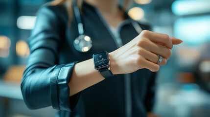 close up of smartwatch displaying personalized health data on woman wrist, with stethoscope in background, suggesting medical professional setting