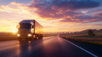 Heavy-duty hauler on scenic rural route at twilight
