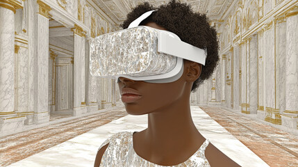 person wearing virtual reality headset stands in ornate, marble decorated hall, blending technology with classical architecture. scene evokes sense of futuristic exploration and digital artistry