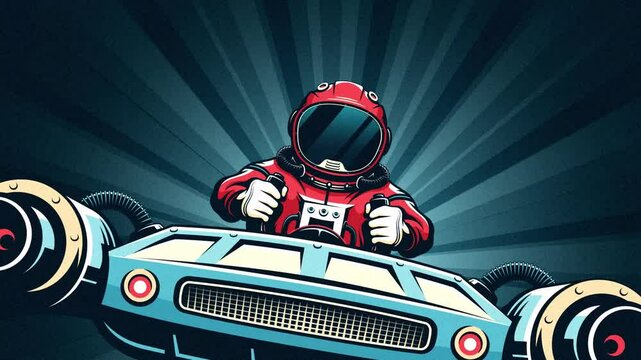 Astronaut in spacesuit grips the steering wheel of a space car. Vibrant rays on background. Looped animations in comics style.
