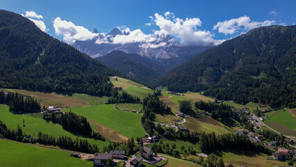 The Odle  Group mountain peaks and the church of Santa Maddalena in the Valley of Funes, South Tyrol in northern Italy. The church is dedicated to St. Magdalene.