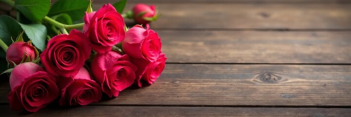 Obraz premium Beautiful arrangement of fresh roses on wooden surface, arrangement, roses, fresh