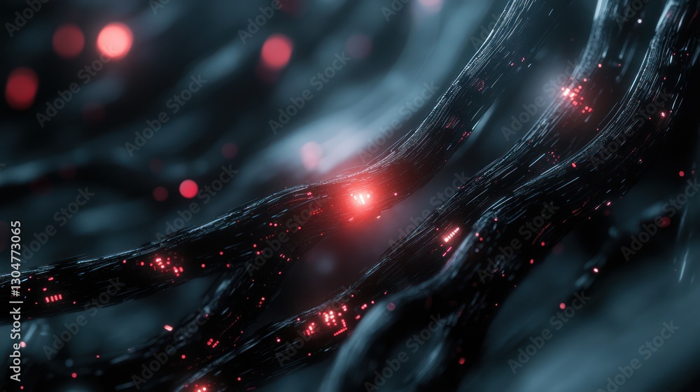Poster abstract image showcasing interconnected black lines adorned with vibrant red light points represent