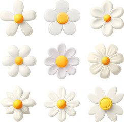 A set of Cute 3D flowers with colorful petals, white daisy, decorative floral clay elements, Isolated on transparent background.