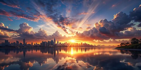 Stunning Sunset Lake Reflection: White Clouds, Golden Rays, Serene Waters