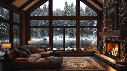 Cozy winter cabin living room with snow covered forest view. Ideal for holiday or winter getaways