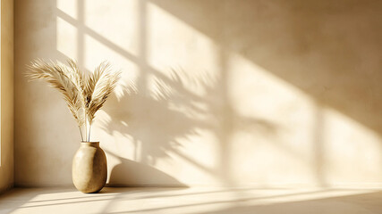 Soft sunlight filters through the room, casting elegant geometric shadows on a serene beige wall. This minimalist space, adorned with natural decor
