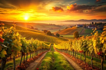 Fototapeta premium Stunning Vineyard Landscape at Sunset with Bokeh, Rolling Hills, Grapevines, Rural Scenery, Autumn Colors