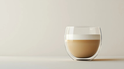 A stylish glass cup cradles a perfectly layered latte, showcasing its creamy texture and rich aroma. The simplicity of the pure white background adds a touch of elegance