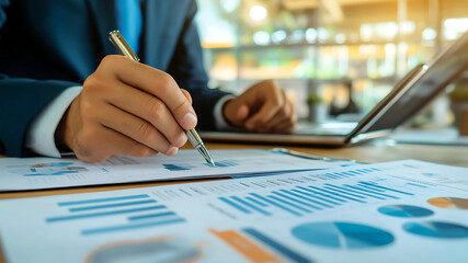 Focused and deliberate, a businessman's hand glides across the paper, signing a crucial contract that seals the deal. The elegant desk and contemporary office ambiance reflect success, strategy