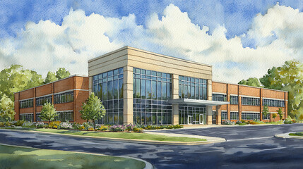 A large building with a glass facade and a large entrance