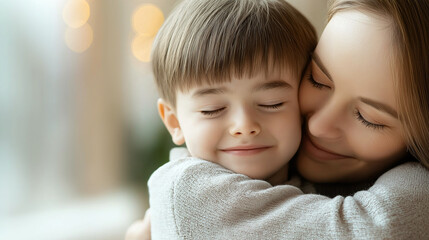 Loving child hugging mother, eyes closed, radiating warmth, sharing intimate family connection through gentle embrace and emotional bond