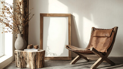 A lounge chair with gentle curves pairs beautifully with a raw wood stump table, adding warmth to the space. The blank frame stands ready to be filled, inviting creativity into this elegant 