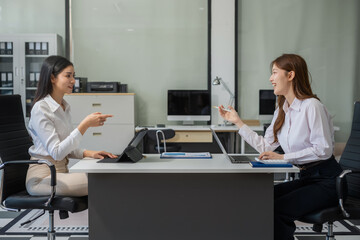 Project manager working and update tasks with milestones progress planning and professional investor working new start up project in the office.