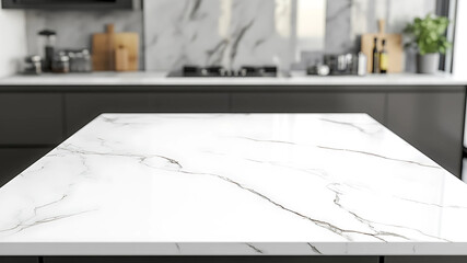 With its timeless veining and sleek finish, the white marble countertop stands in harmony with the softly blurred kitchen beyond. This elegant setting invites creativity