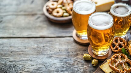 Three glasses of golden beer on a wooden table, accompanied by pretzels, cheese, and nuts, creating a cozy and inviting snack scene.