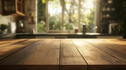 A pristine wooden kitchen counter stretches across the inviting space, set against a softly blurred backdrop of culinary warmth. 