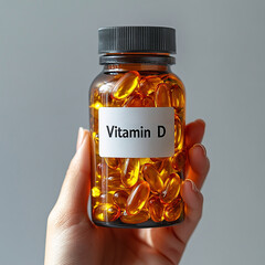Vitamin D supplements in a bottle held by a hand. Nutritional support for bone health and immune function. Essential for overall wellness.