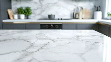 Smooth and polished, the white marble surface reflects soft natural light, creating a luxurious yet minimalist aesthetic. The blurred kitchen backdrop enhances the elegance