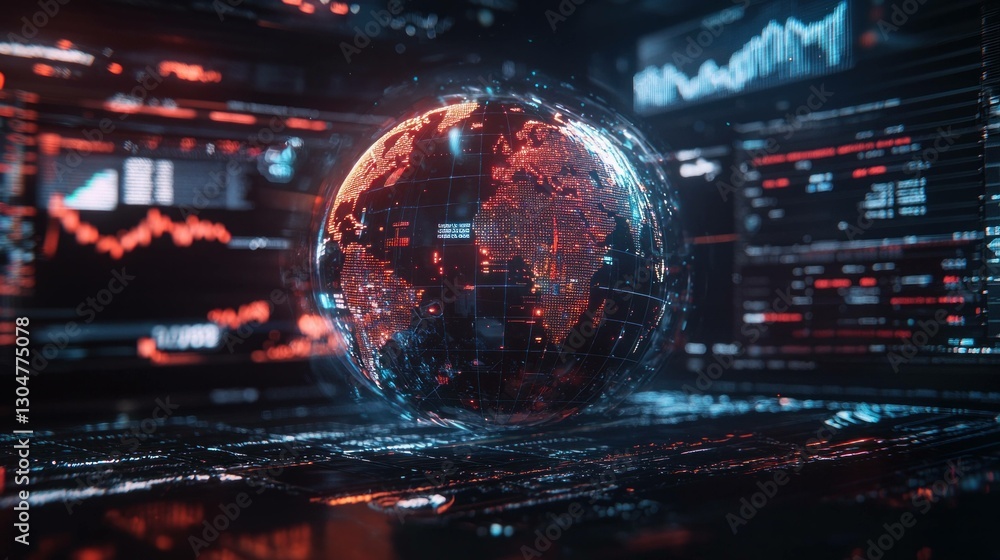 Poster futuristic digital globe illuminated against a backdrop of data analytics, representing global conne