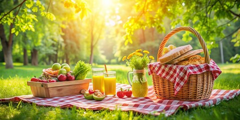 Summer Picnic in Lush Green Park: Checkered Blanket, Wicker Basket, Delicious Treats