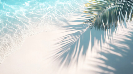Gentle ripples of light reflect on the soft white sand, while delicate palm shadows sway in the ocean breeze. The dreamy interplay of shadow and sunlight creates a peaceful coastal atmosphere
