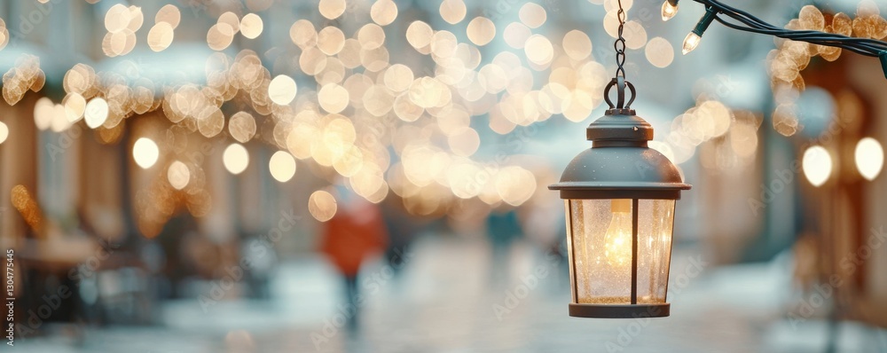 Poster a glowing lantern hangs, illuminating a street adorned with soft bokeh lights, creating a warm and i