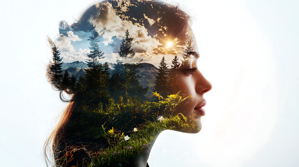 Creative double exposure portrait of woman with nature landscape