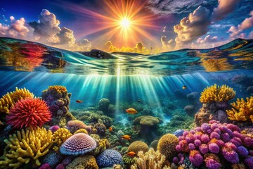 Obraz premium Sunbeams Illuminate Vibrant Underwater Scene: Aerial Perspective of Coral Reef
