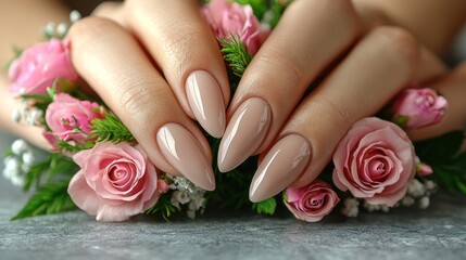 Close-up of manicured nails with pink roses, manicure