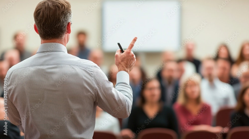 Poster a speaker engages an audience, delivering a presentation with enthusiasm, while attendees attentivel