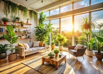 Sunlight Streaming into Modern Eco-Friendly Home Corner with Lush Greenery