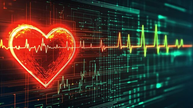 Vital Signs: An evocative illustration showcasing the intricate connection between a glowing red heart and a vibrant EKG graph, symbolizing health and technological advancements in healthcare