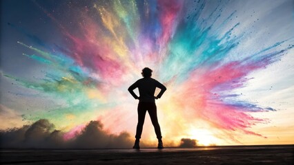 A silhouetted figure stands against a vibrant explosion of colors in the sky.