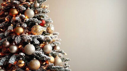 A beautifully decorated Christmas tree adorned with golden and silver ornaments, radiating a warm festive glow against a soft background.