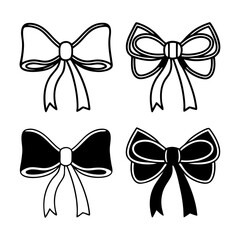 Black and White Vector Graphics of Four Bows Thin Outline, Double Outline, Solid with Outline, and Solid with Ribbon Detail in a Flat Style.