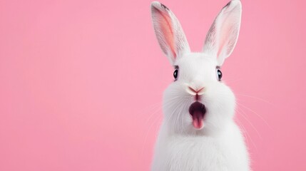 Obraz premium White Rabbit with Pink Background Creating Cute and Funny Expression for Joyful Themes and Easter Celebrations